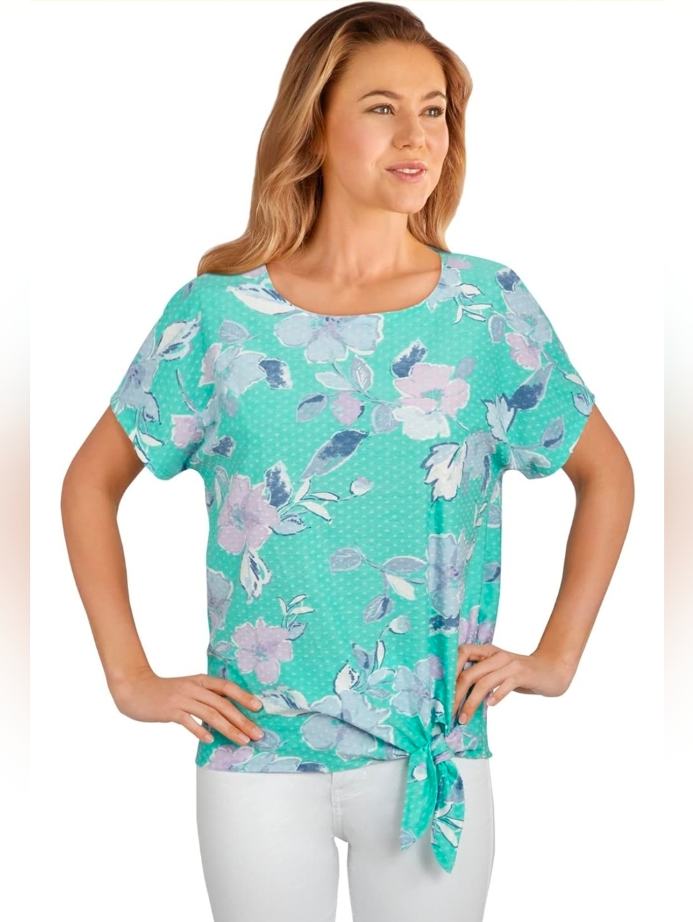 Ruby Rd. Pastel Colors Floral Tie-Hem Short Sleeve Top Women's Size 3X